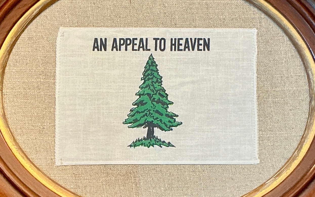 Vintage Pine Tree Flag on Taupe Cloth in Oval Wooden Frame with Gilded Liner