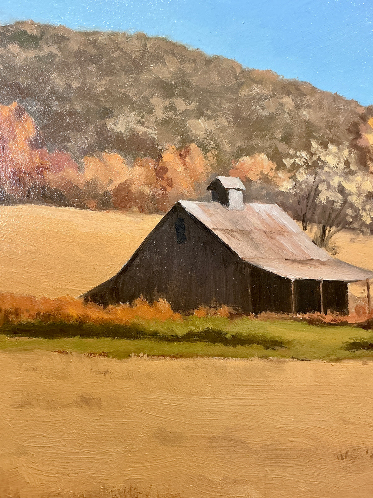 Anthony R. Thompson Old Farm With Hay Rolls Landscape Oil Painting in Gold Frame