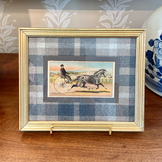 Late 19th Century Horse Harness Racing Trading Card on Vintage Wool Plaid in Gold Frame