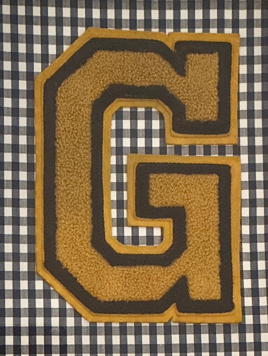 Vintage Varsity Letter Initial "G" on Navy Gingham in Gold Frame