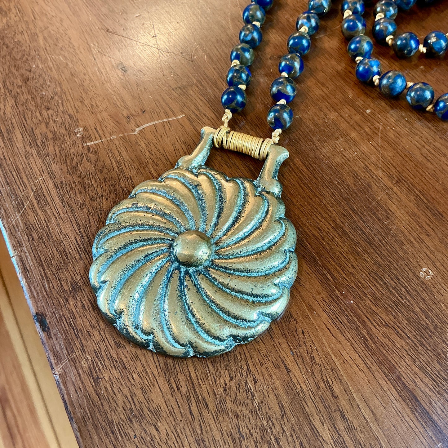 Antique English Horse Brass Floral Medallion Blue Jasper Beaded Hand Knotted Necklace