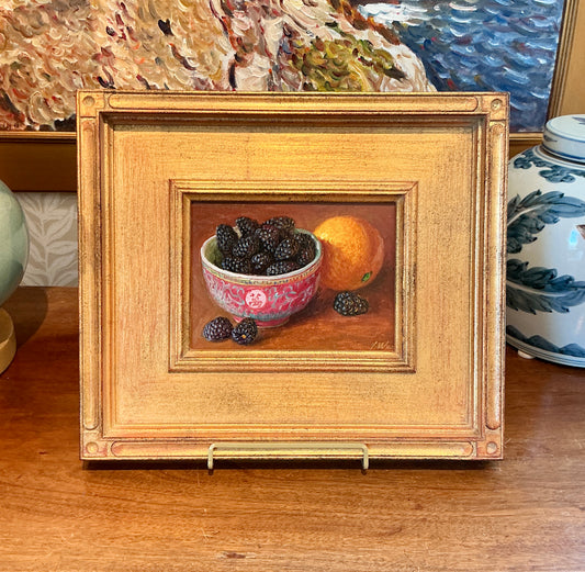 Youqing Wang Blackberries in Bowl With Orange in Dark Gold Frame