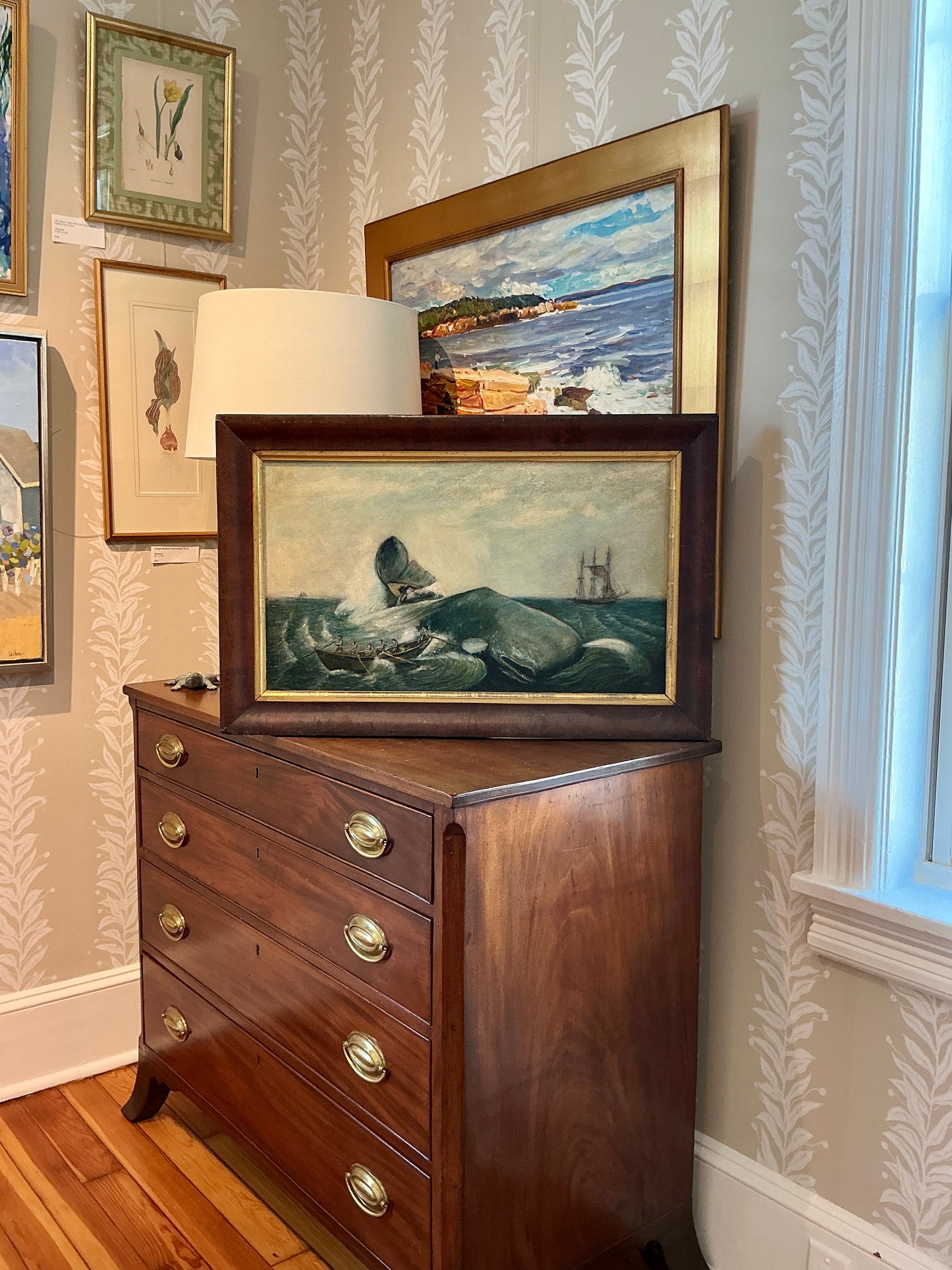 19th Century "Nantucket Sleigh Ride" American Folk Whale Seascape Whaling Scene Oil Painting in Wood Frame With Gilded Liner