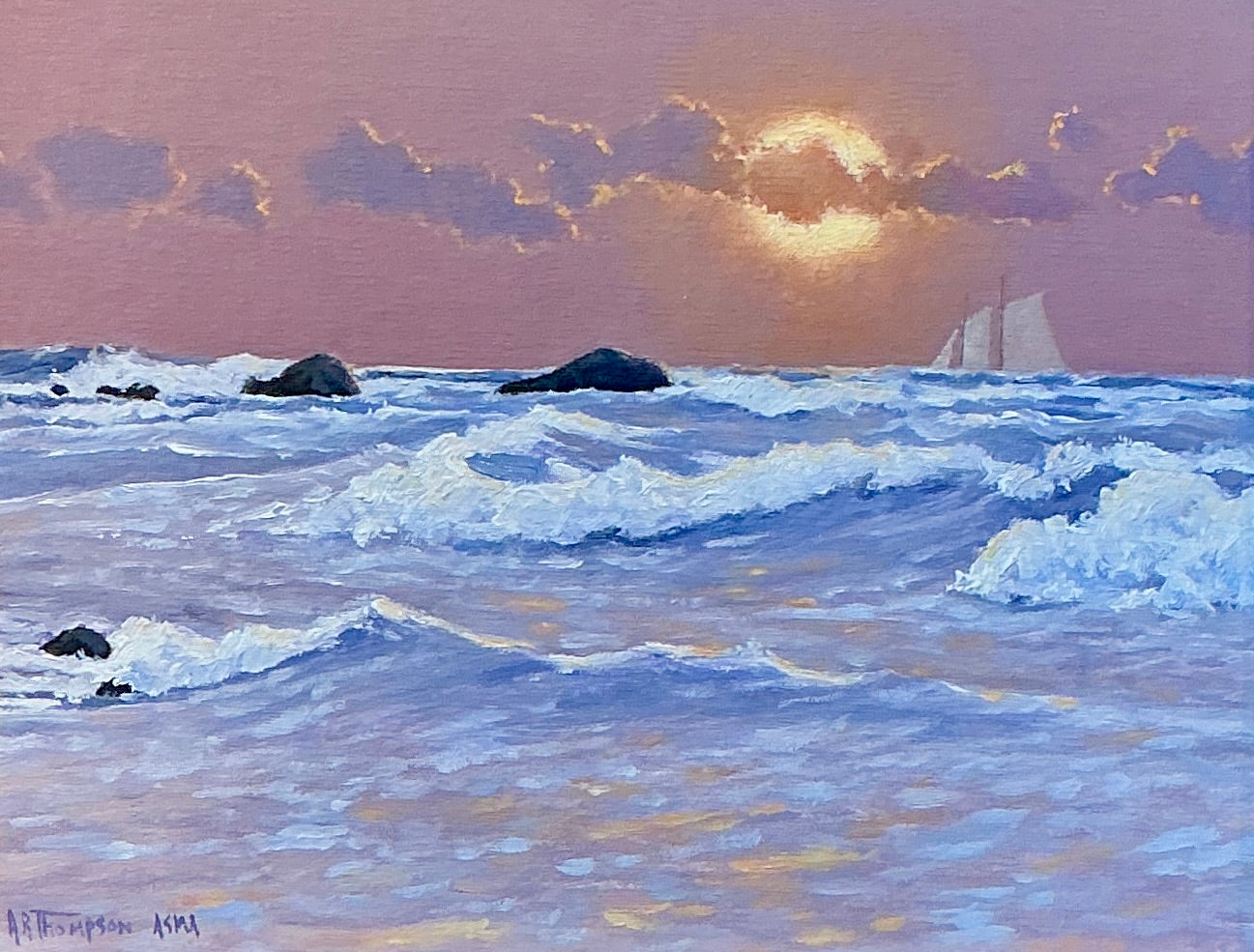 Anthony R. Thompson Maui Sunset Hawaii Seascape Oil Painting in Gold Frame