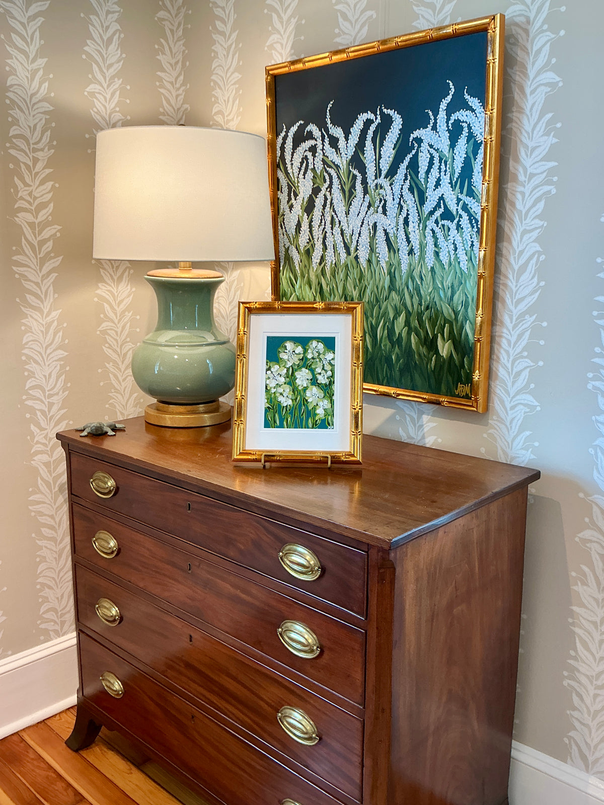 Alison Diamond McElroy The Green Hour Abstract Floral Painting in Gold Bamboo Frame