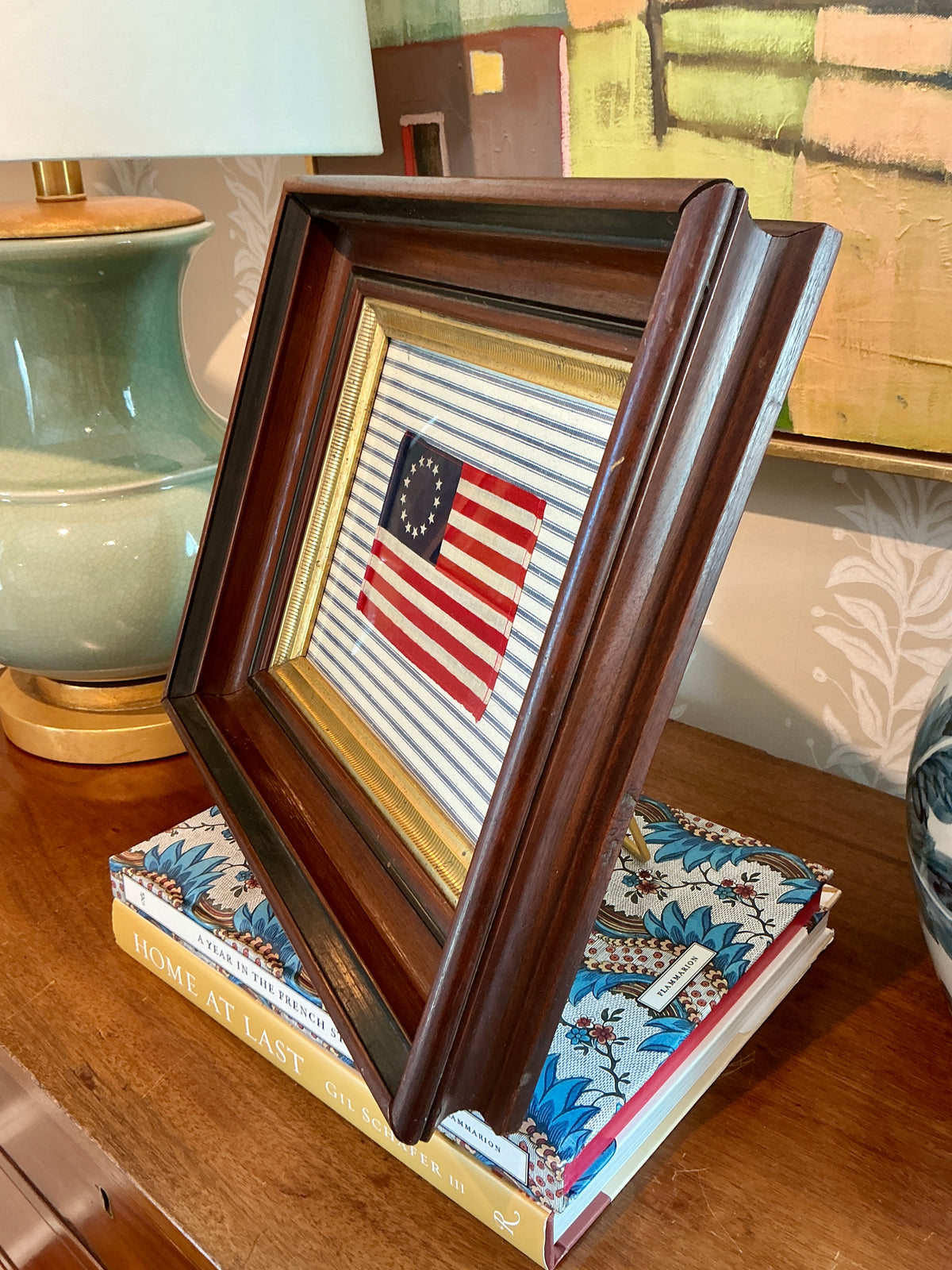 Vintage 13 Star American Betsy Ross Parade Flag on Blue and White Stripes in Antique Wood and Gilded Frame