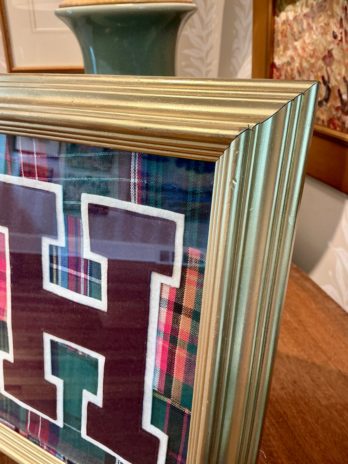 Vintage Varsity Letter Initial H on Madras Patch Fabric in Gold Frame