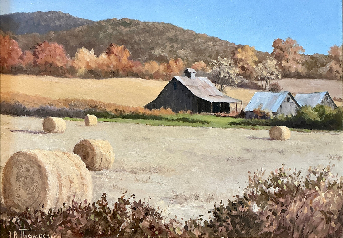 Anthony R. Thompson Old Farm With Hay Rolls Landscape Oil Painting in Gold Frame