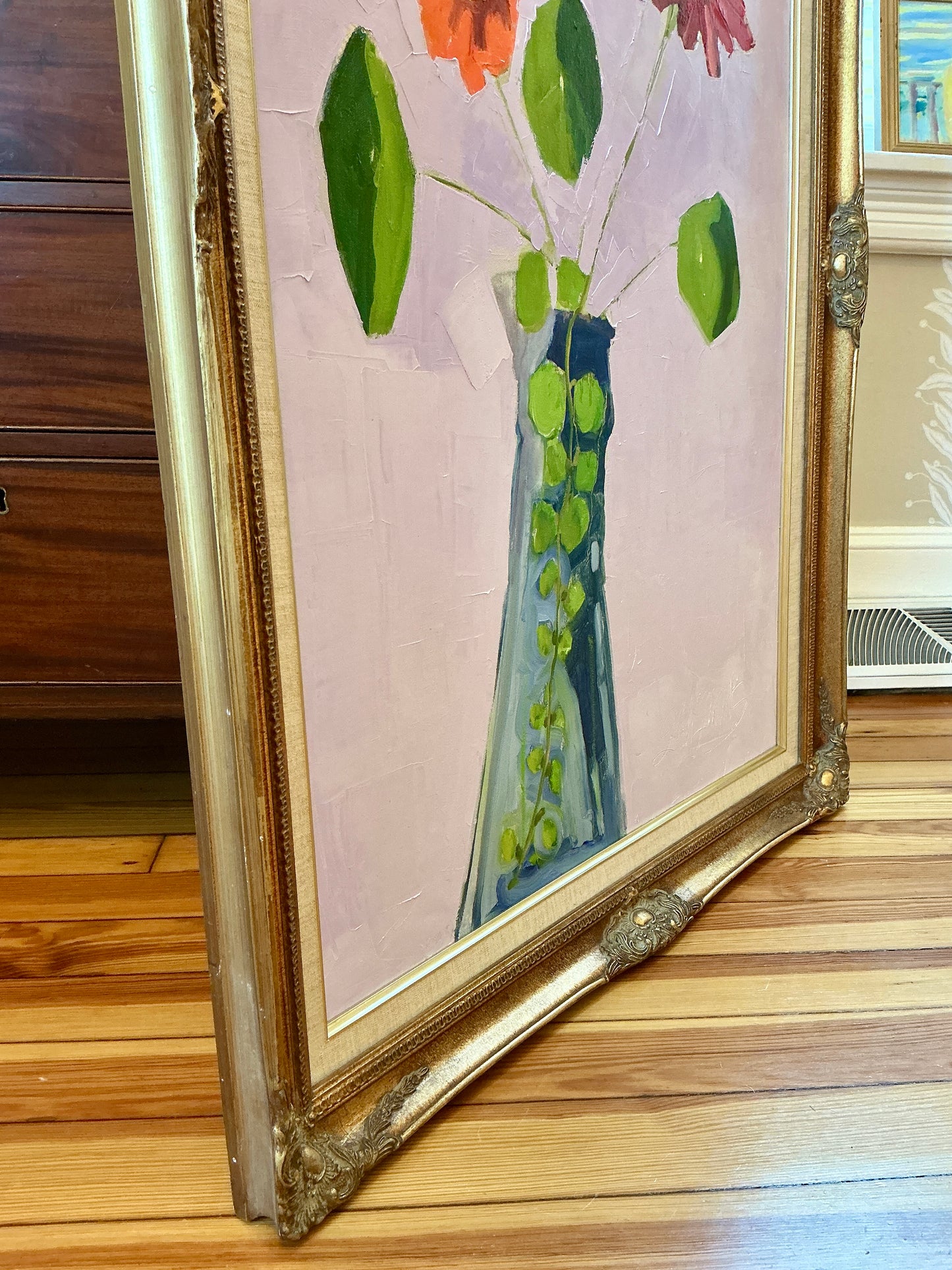 Gretchen McGinnis Big Lavender July Floral Still Life Oil Painting in Gold Frame