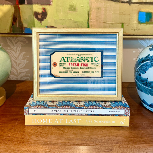 Vintage Fresh Fish Old Baltimore Maryland Fishmonger's Tag on Blue Stripes in Gold Frame