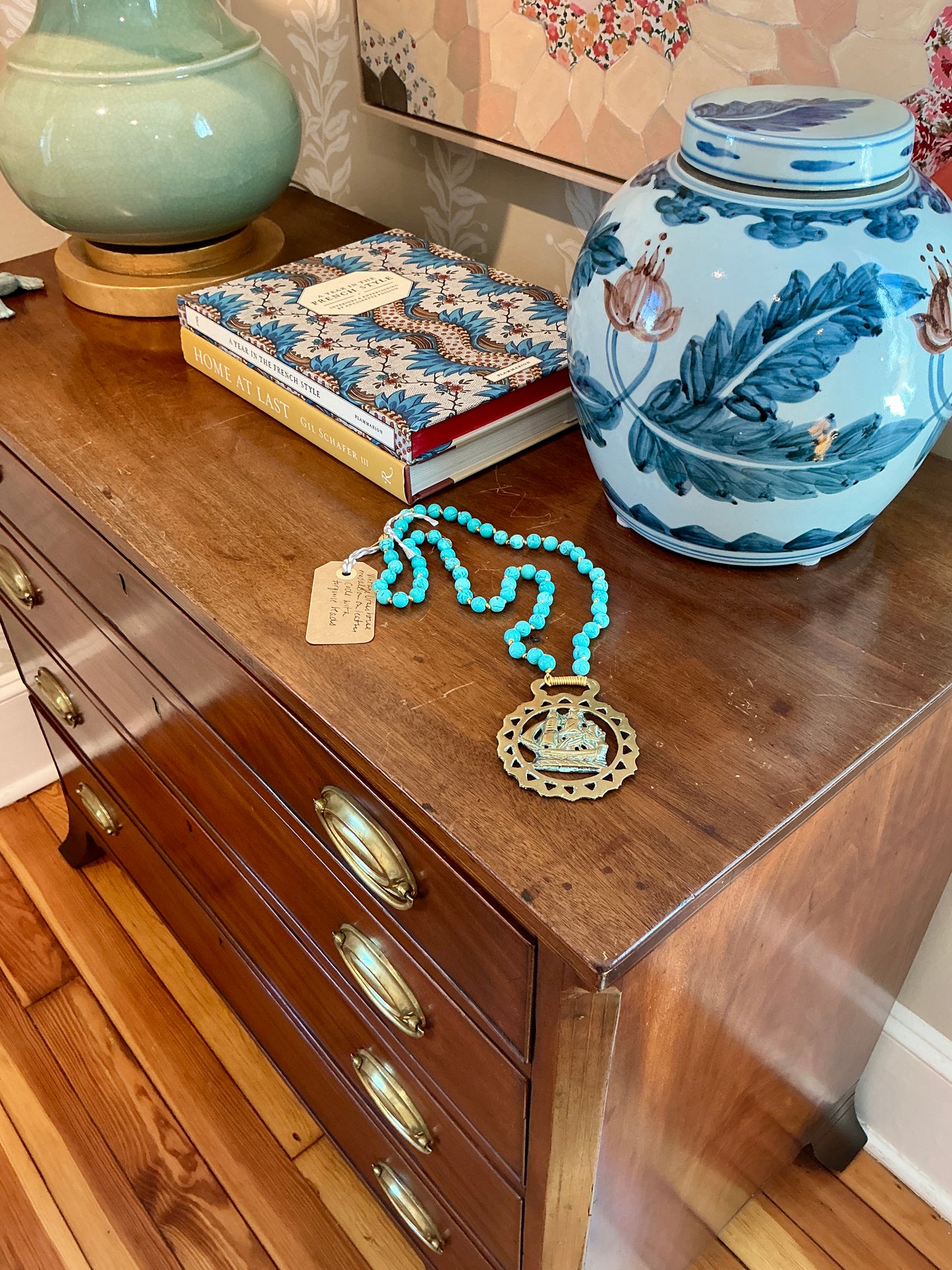 Antique English Horse Brass Ship Medallion Turquoise Beaded Hand Knotted Necklace