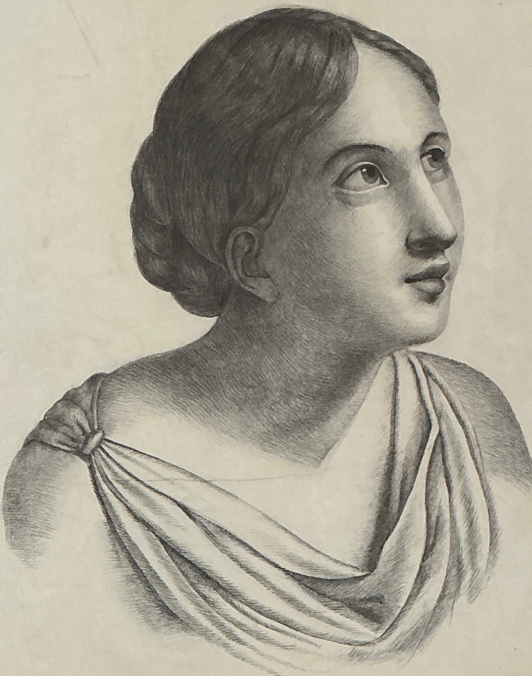 Early 19th Century Daydreaming Young Woman's Portrait Charcoal Drawing in Gold Frame