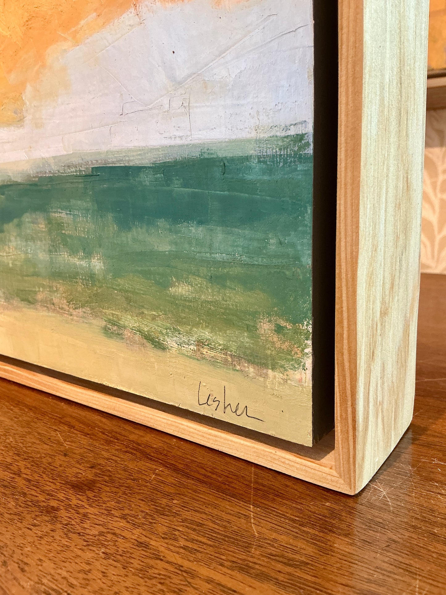Carol Lesher Golden Hour Coastal Landscape Oil Painting in Natural Wood Frame