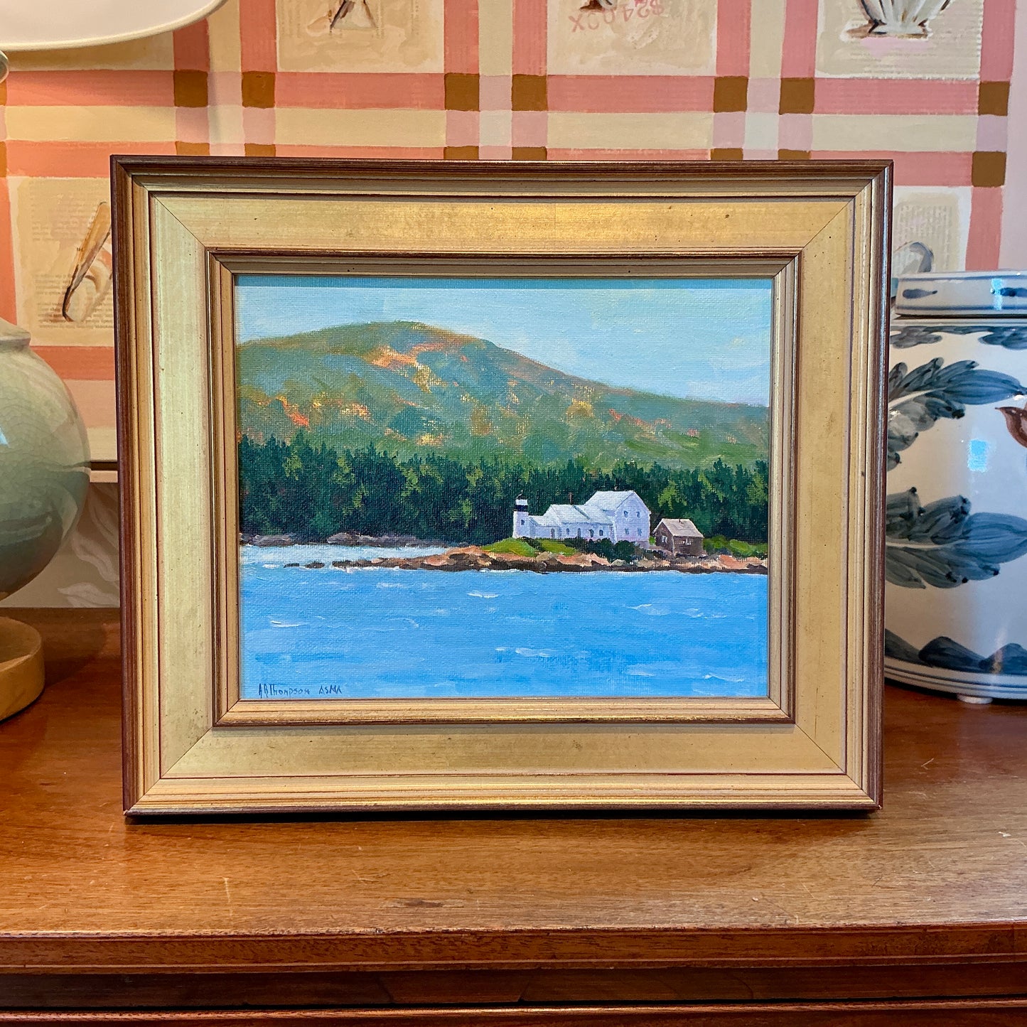 Anthony R. Thompson Winter Harbor Light Maine Coastal Landscape Oil Painting in Gold Frame