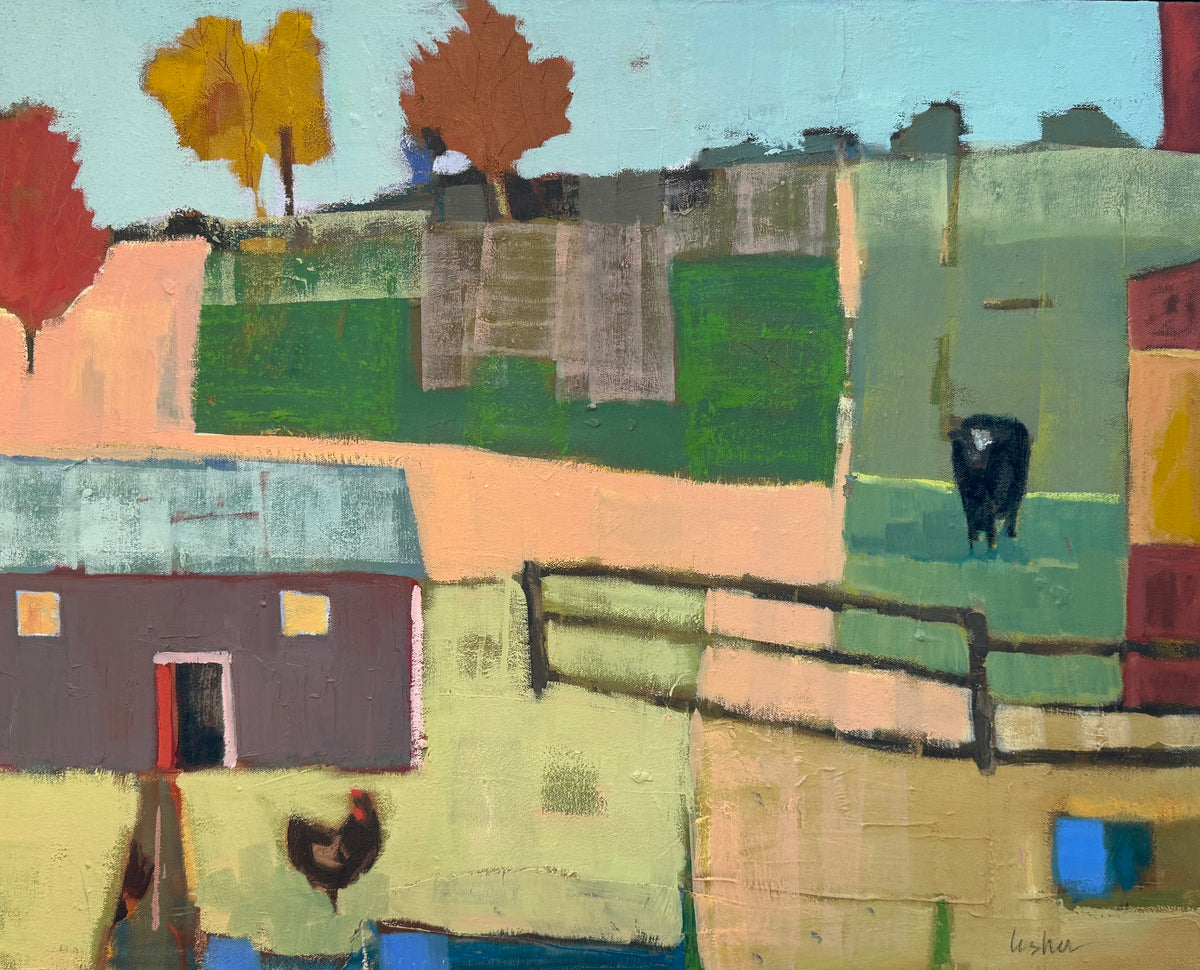 Carol Lesher Shelter Landscape Oil Painting in Natural Wood Floater Frame with Gold Facing