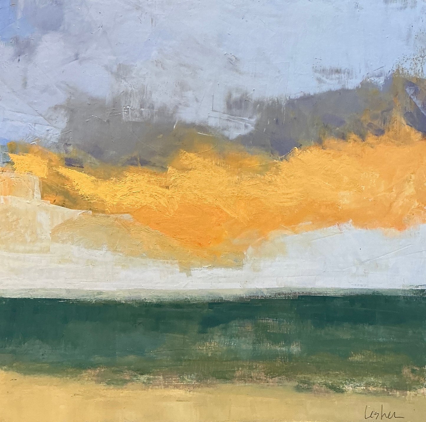 Carol Lesher Golden Hour Coastal Landscape Oil Painting in Natural Wood Frame