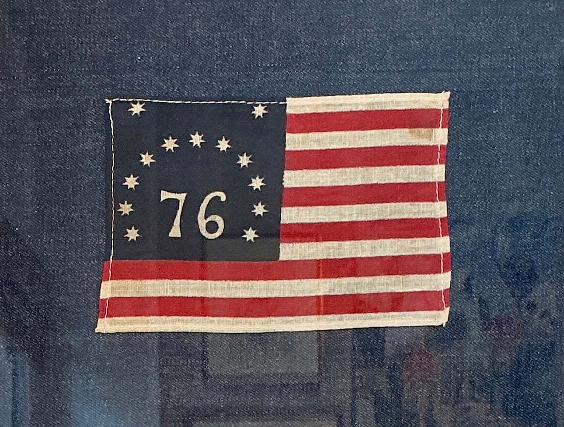 Vintage Bicentennial Bennington 13 Star American Flag on Dark Chambray in Gold Frame