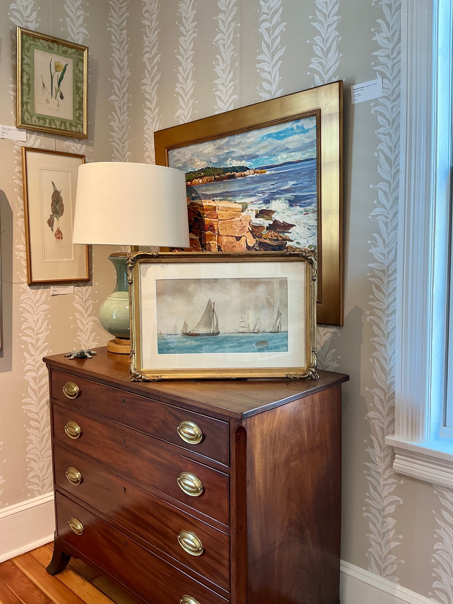 19th Century Sailboat Seascape Watercolor Painting in Ornate Gold Frame