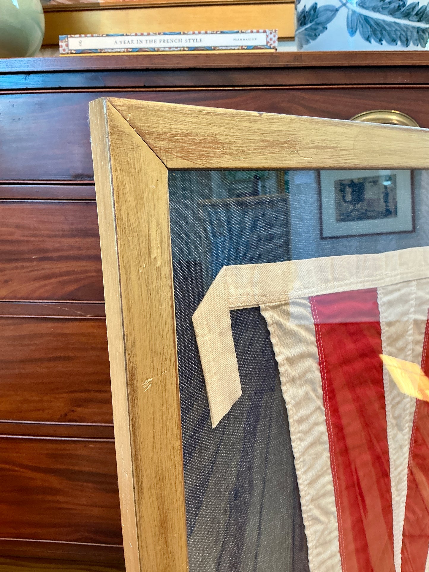 Vintage Cloth Nautical Flag on Dark Chambray in Gold Frame