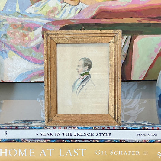 Antique 19th Century Young Gentleman in Pink Bowtie Portrait Watercolor Painting in Gold Frame
