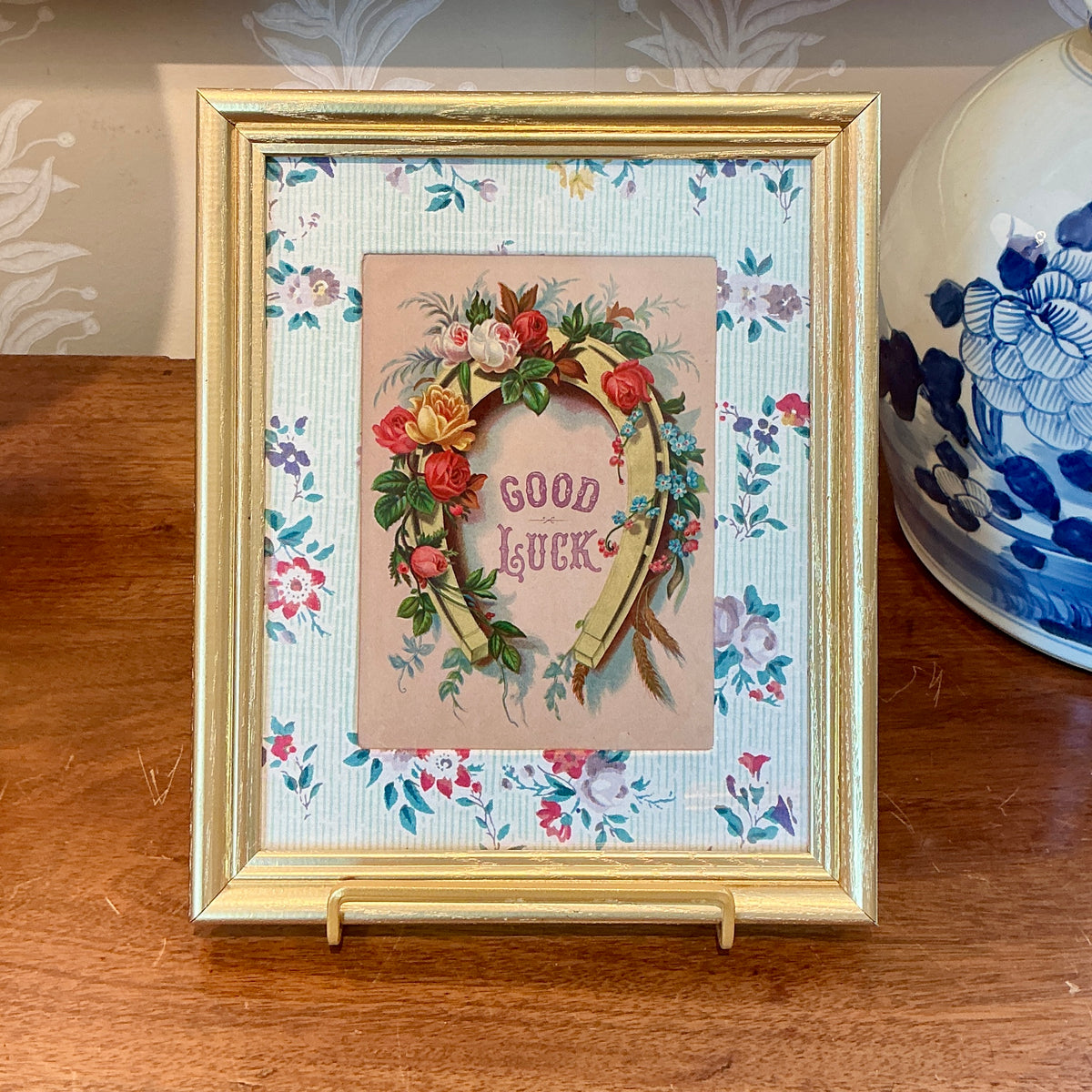 Antique 19th Century Good Luck Horseshoe Card in Vintage Floral Wrapped Mat in Gold Frame