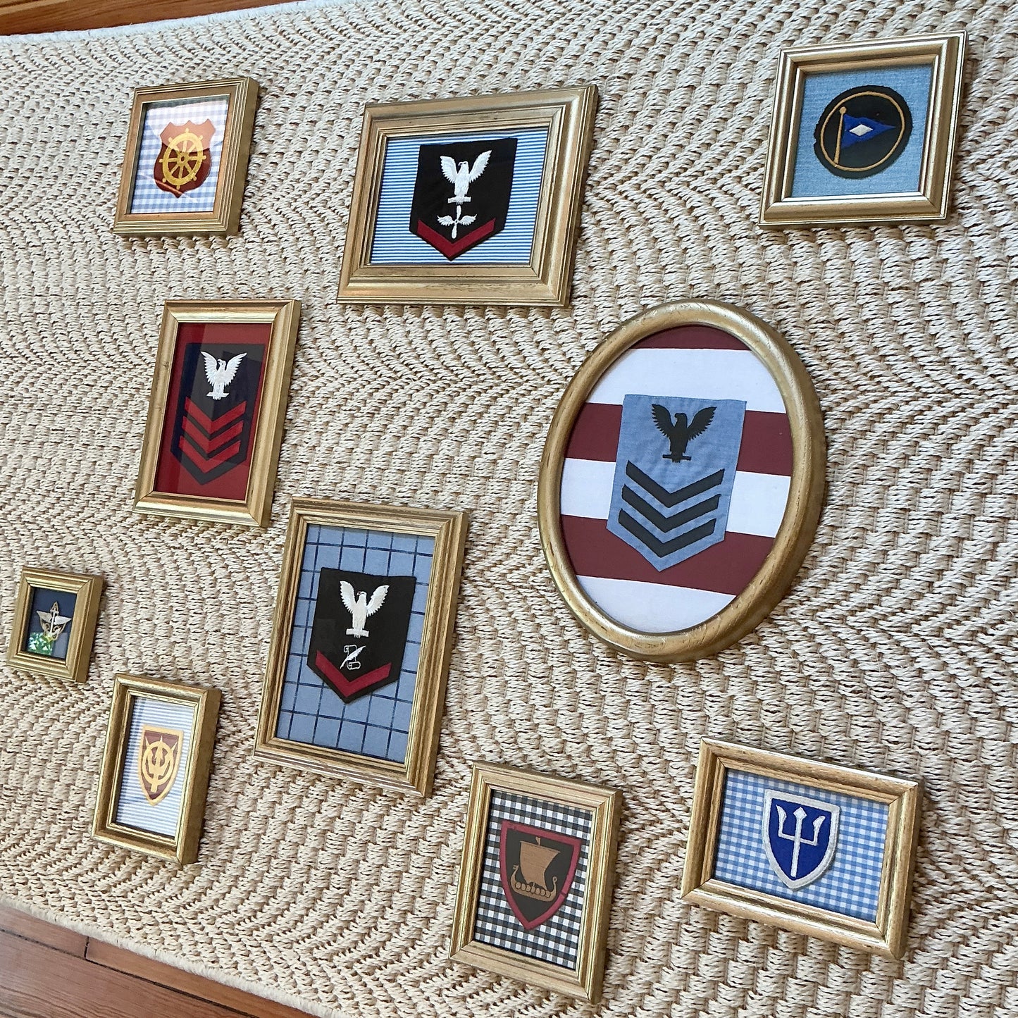 Gallery Wall Collection of Ten American Military and Boy Scout Patches in Gold Frames