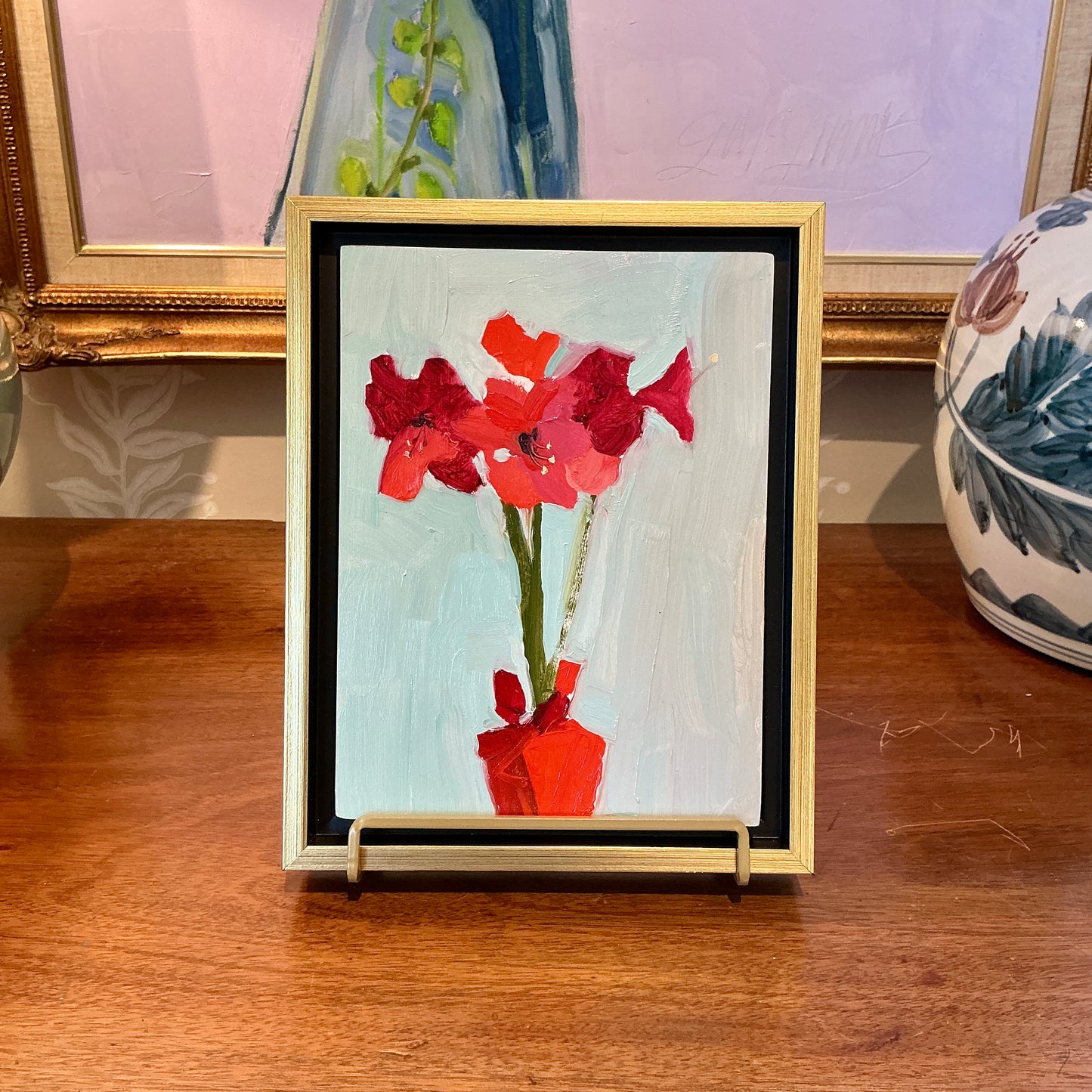 Gretchen McGinnis Little Amaryllis Still Life Floral Oil Painting in Gold and Black Floater Frame