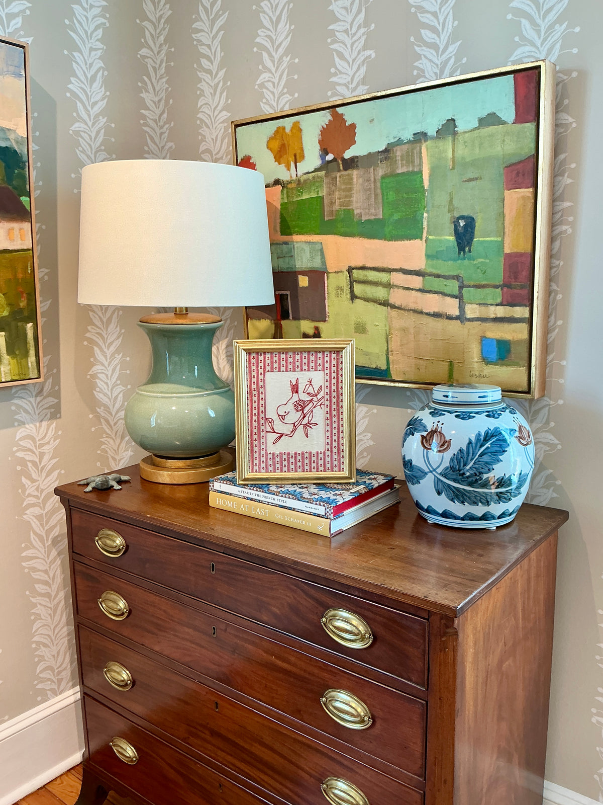 Antique Redwork Bird On Branch Embroidery in Pink Floral Brunschwig & Fils Wrapped Mat in Gold Frame