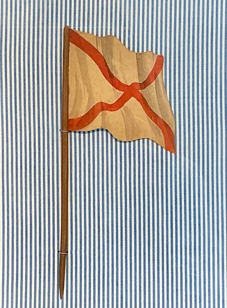 Antique 1905 Nautical Red and Tan Flag Oil Painting on Blue Ticking Stripes in Gold Frame