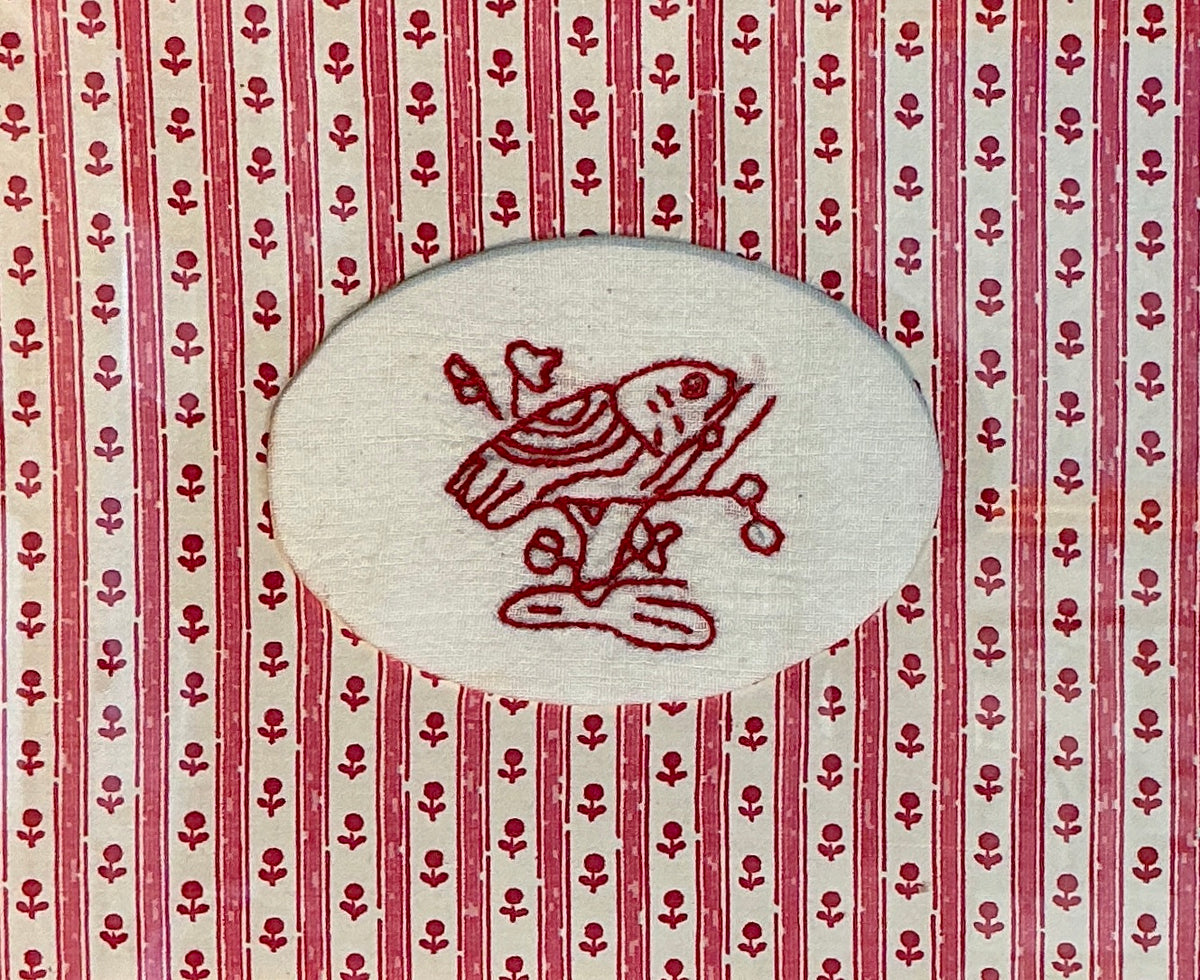 Antique Redwork Bird Embroidery in Pink Floral Brunschwig & Fils Oval Wrapped Mat in Gold Frame