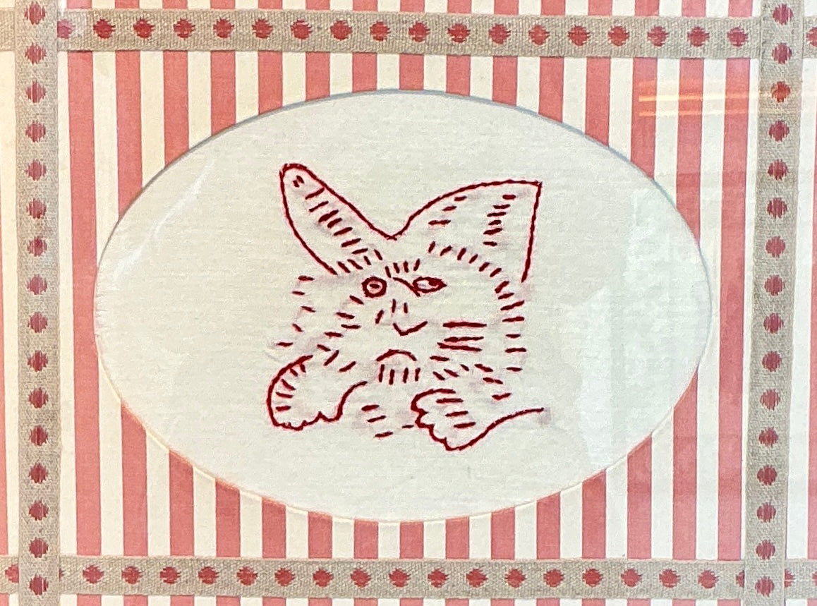 Antique Redwork Grumpy Cat Embroidery in Pink Stripes Wrapped Mat in Gold Frame