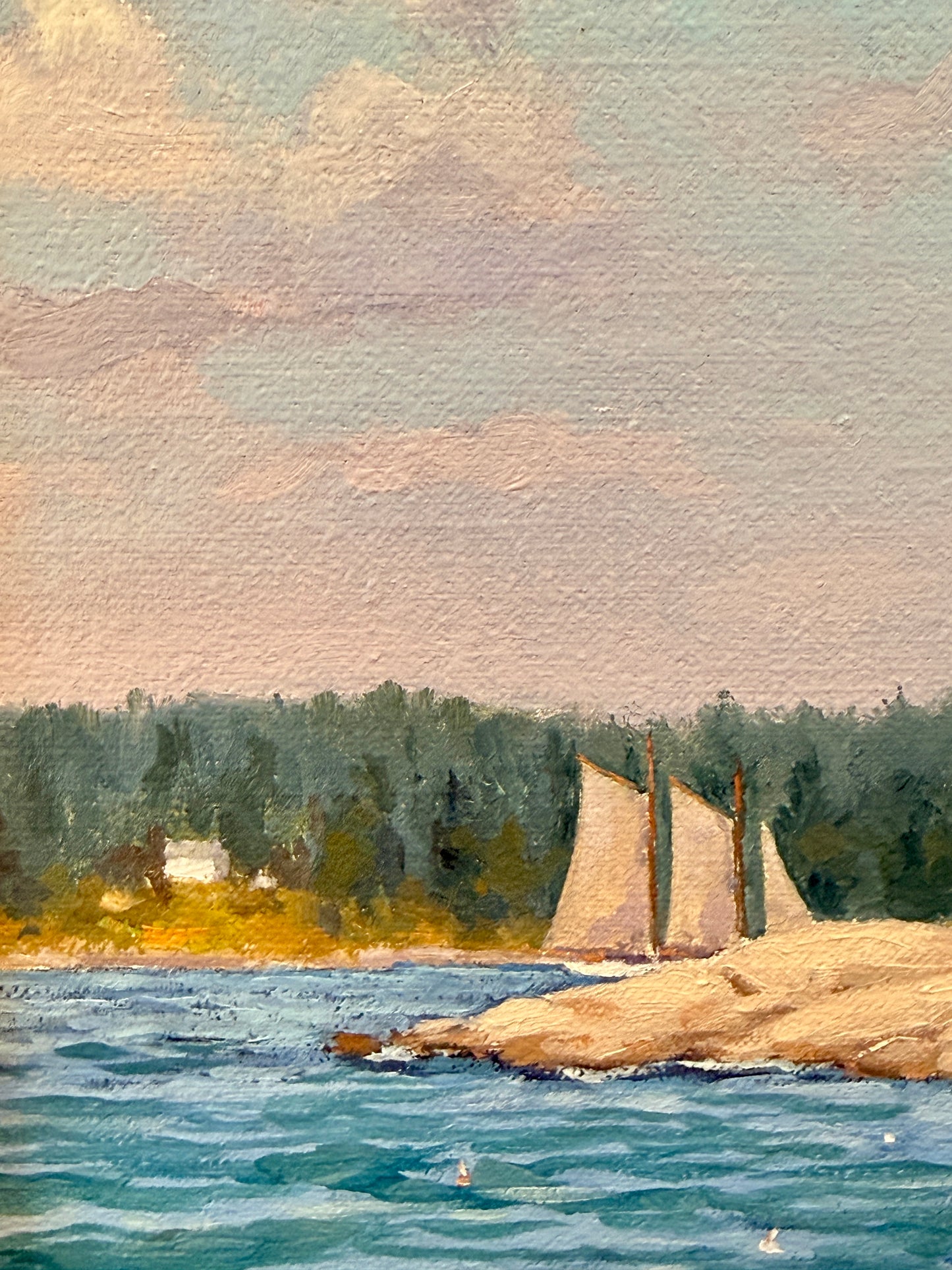 Anthony R. Thompson Deer Isle Lighthouse Lobster Boat Coastal Landscape Oil Painting in Gold Frame