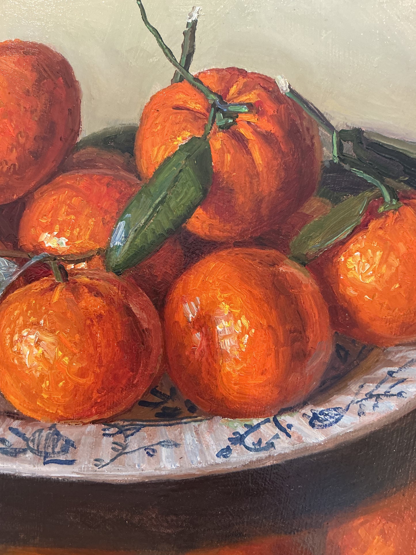 Youqing Wang Clementines in White and Blue Bowl Still Life Oil Painting In Gold Bamboo Frame