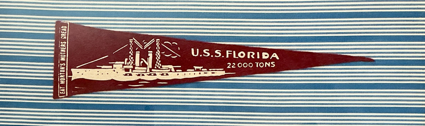 Vintage U.S.S. Florida Naval Ship Wool Pennant on Blue Stripes in Gold Frame