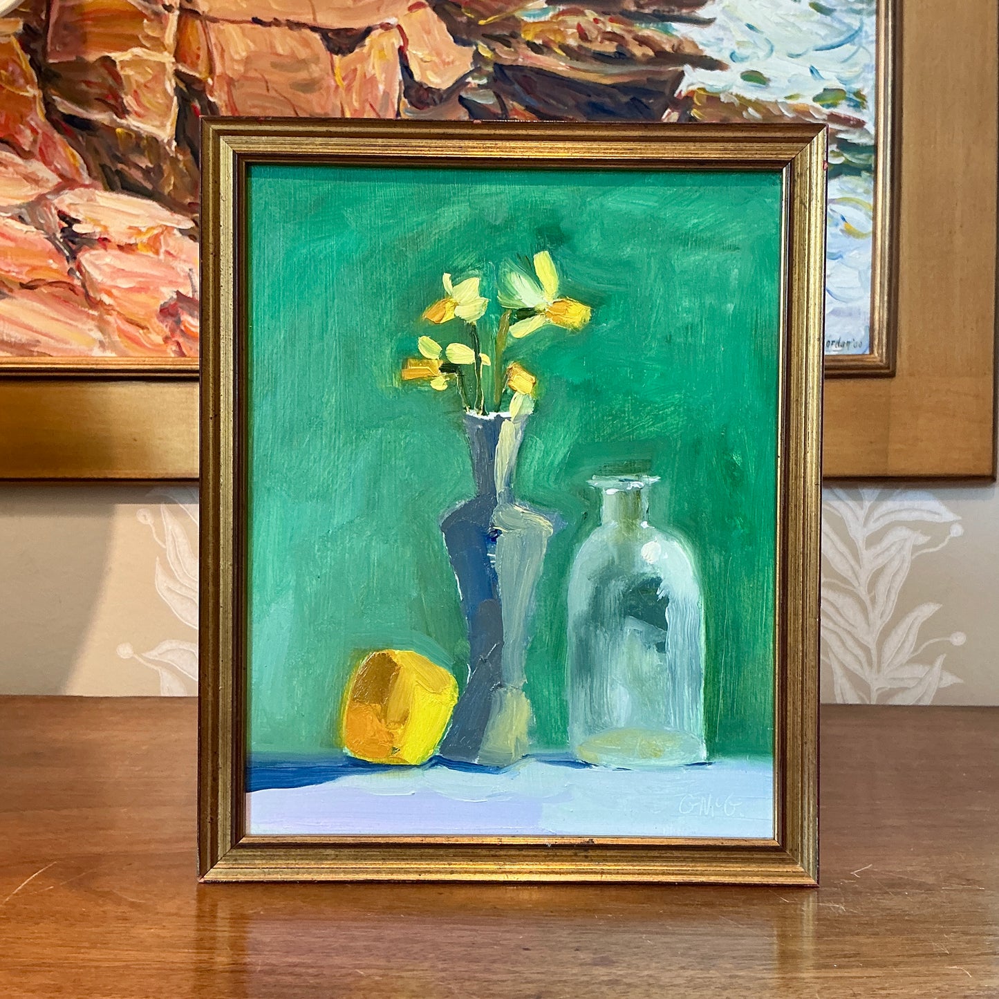 Gretchen McGinnis Springs First Mini Daffodils Still Life Oil Painting in Gold Frame
