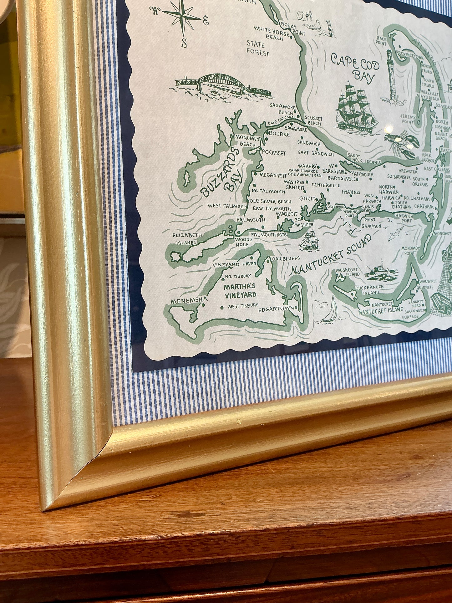 1962 Vintage Cape Cod Nantucket Martha's Vineyard Placemat Map on Blue Ticking Stripes in Gold Frame