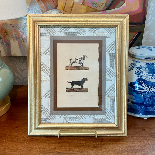 19th Century Basset Hound French Bookplate on Quilted Schumacher Fabric in Gold Frame