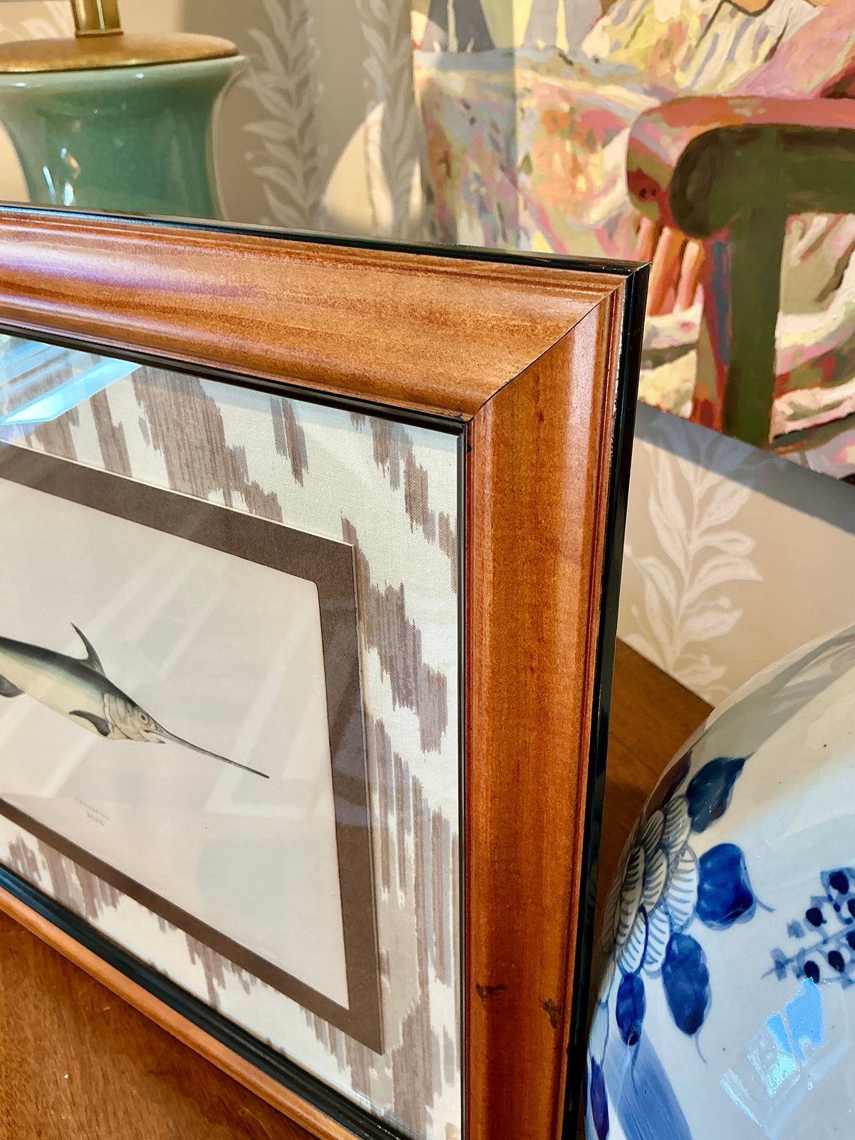 19th Century Hand Colored Swordfish Lithograph on Neutral Ikat Fabric in Wood Frame