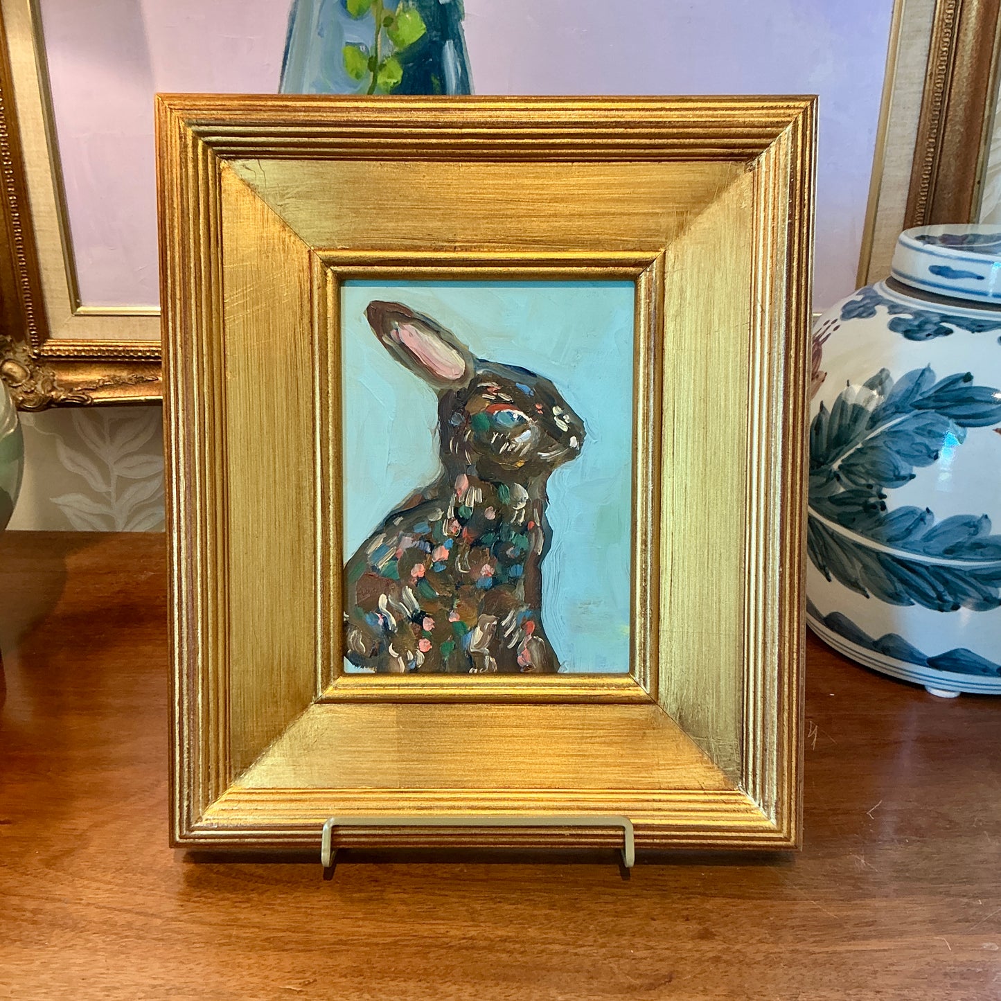 Gretchen McGinnis Easter Rabbit Portrait Oil Painting in Gold Frame