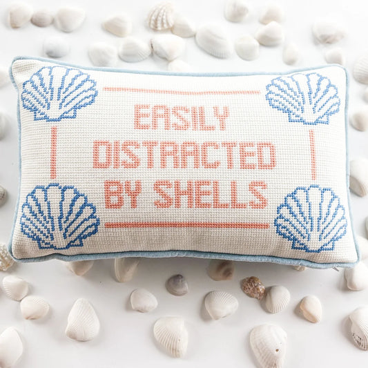 "Easily Distracted By Shells" Needlepoint Pillow