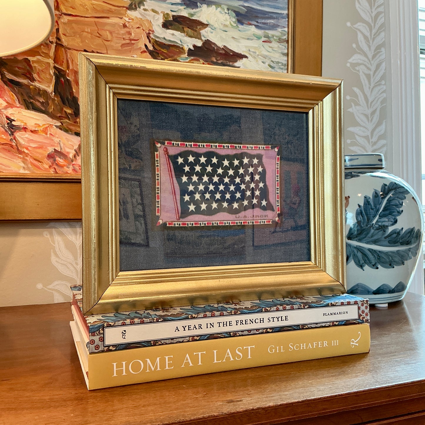 Antique Union Jack Flag Felt on Chambray in Gold Frame