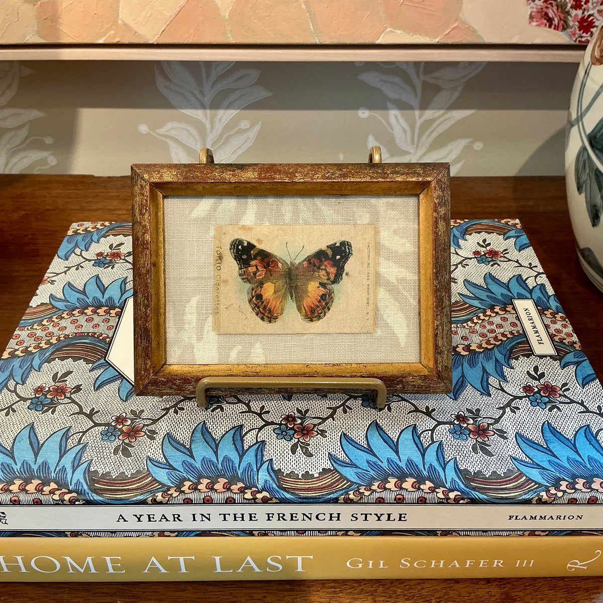 Antique Butterfly Tobacco Silk on Neutral Fabric in Rustic Gold Frame