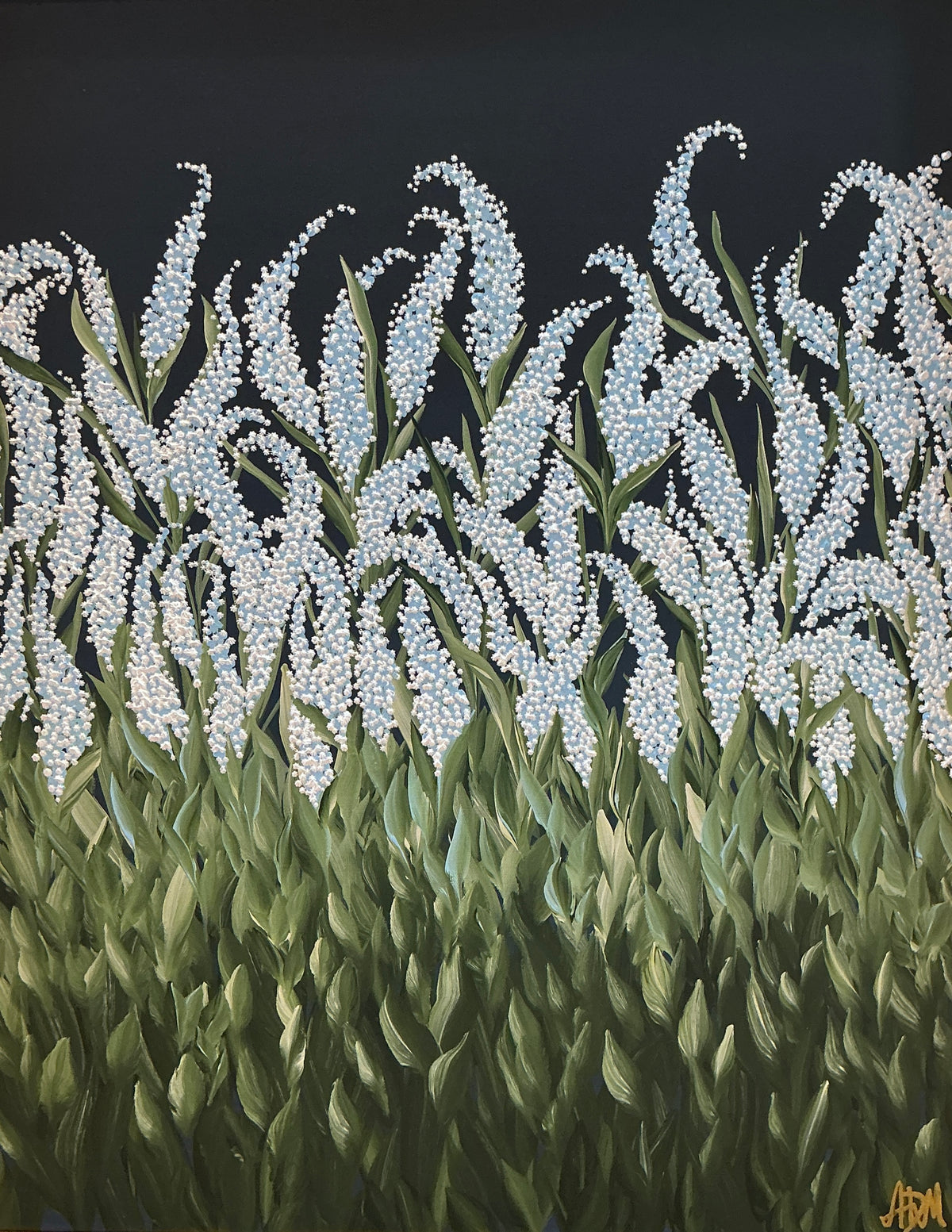 Alison Diamond McElroy Midnight Garden II Abstract Floral Painting in Gold Bamboo Frame