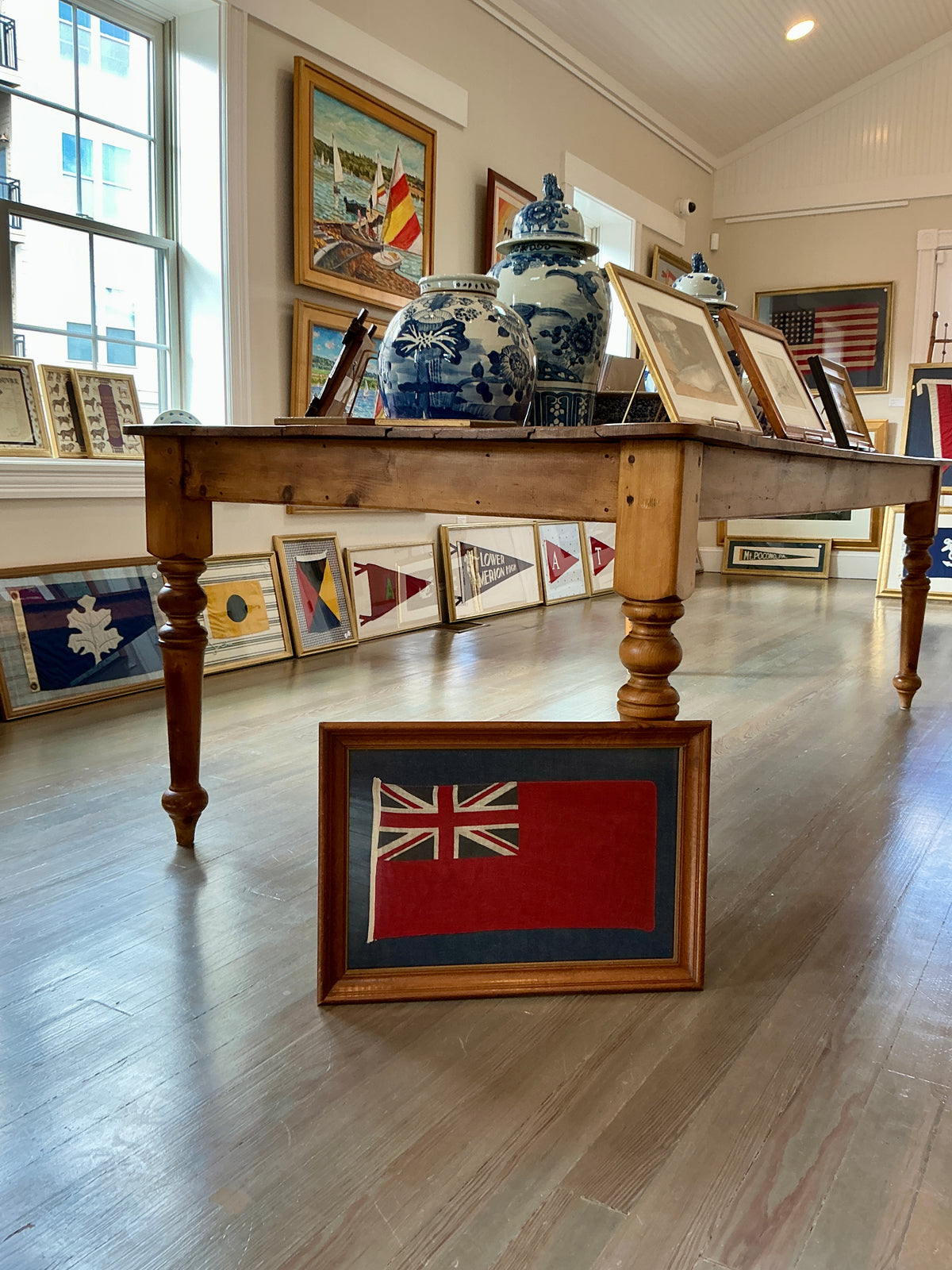 Vintage Cotton British Red Ensign Flag on Dark Chambray in Wood Frame with Gilded Liner