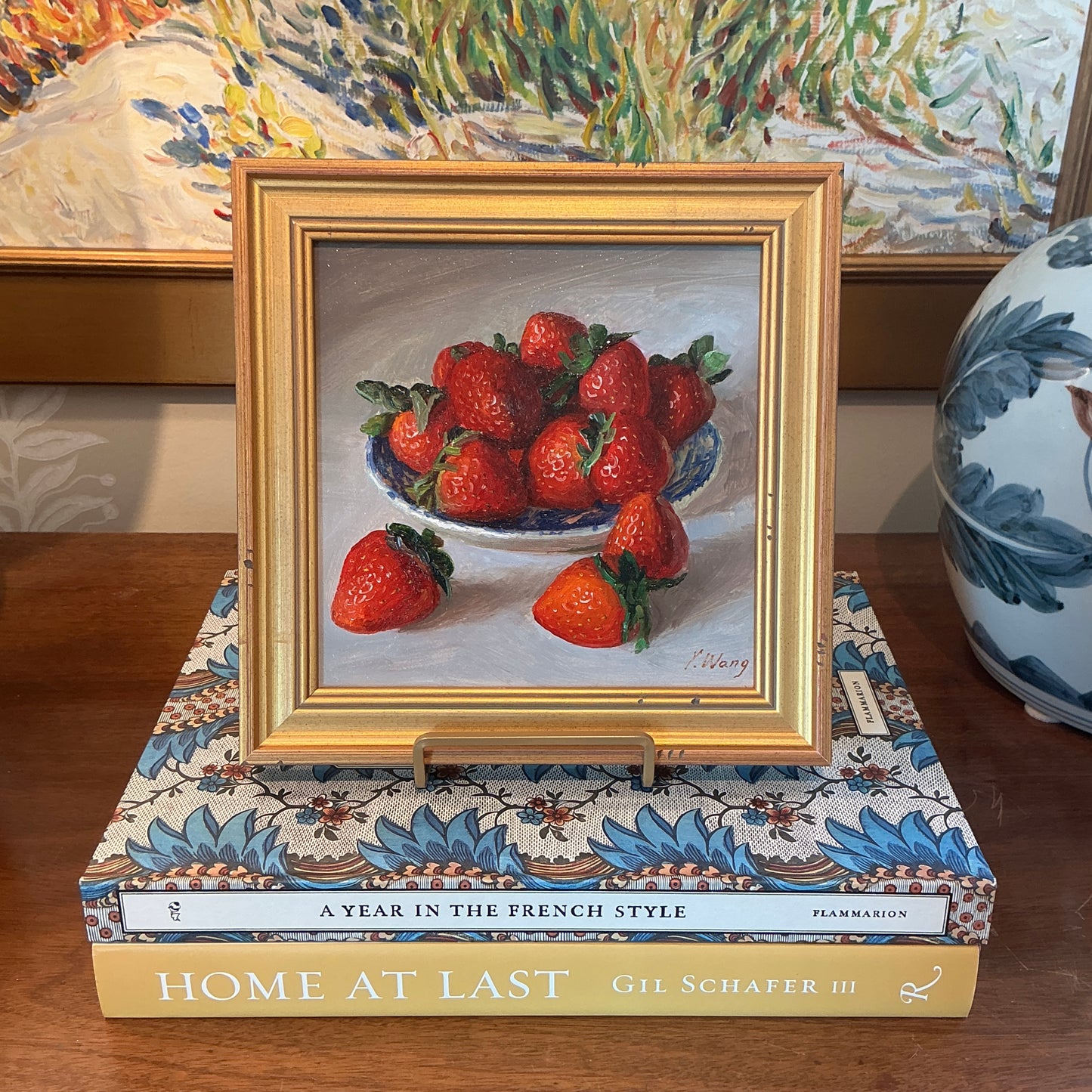 Youqing Wang Strawberries in Blue and White Bowl Still Life Oil Painting in Gold Frame