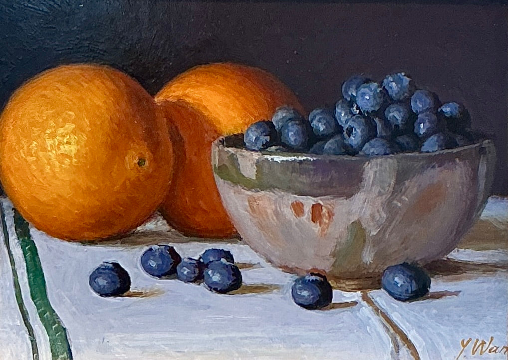 Youqing Wang Blueberries in Bowl with Oranges in Gold Frame
