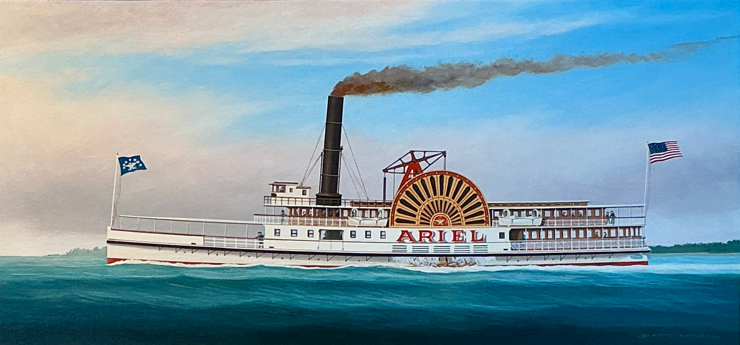 Scott Cameron Steamboat Ariel Oil Painting in Gold Frame