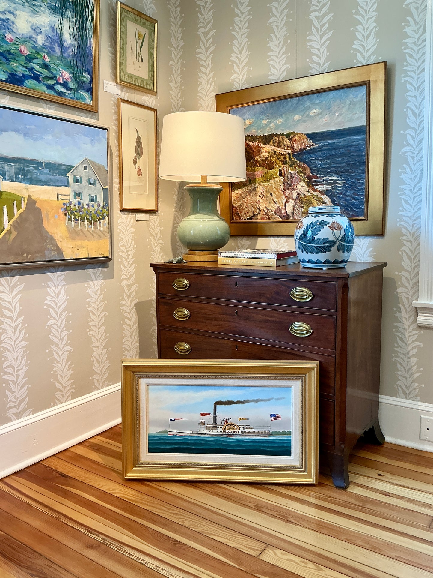 Scott Cameron Steamboat Pilot Boy Oil Painting in Gold Frame