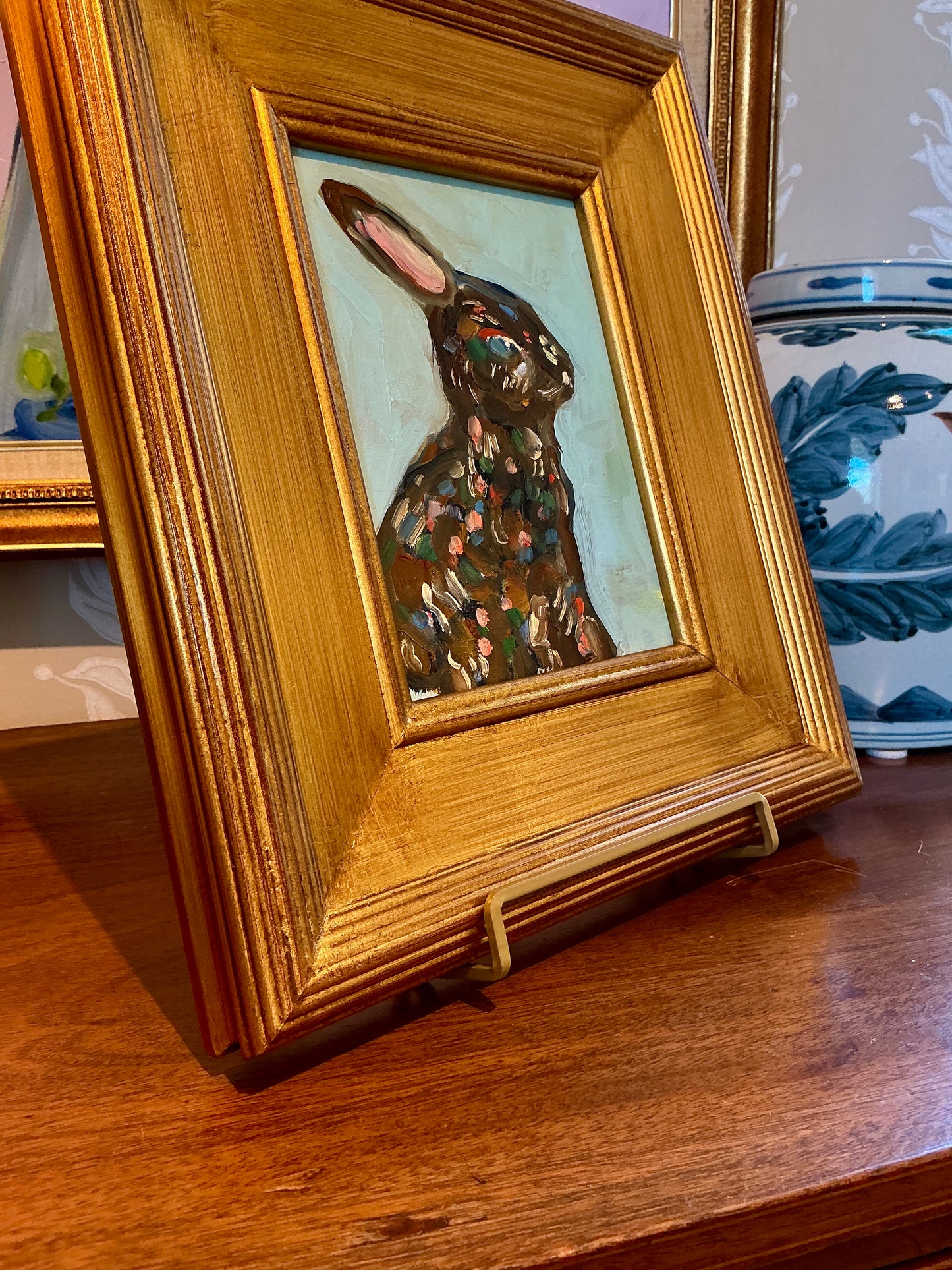 Gretchen McGinnis Easter Rabbit Portrait Oil Painting in Gold Frame