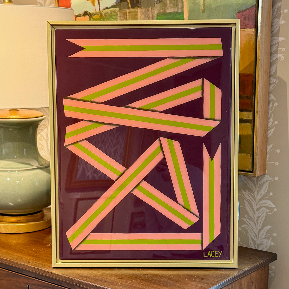 Lacey Craig Hooper BlackBerry Ribbon Series Painting in Gold Floater Frame